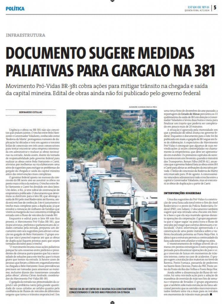 Ação do MOVIMENTO PRÓ- VIDAS DA BR 381