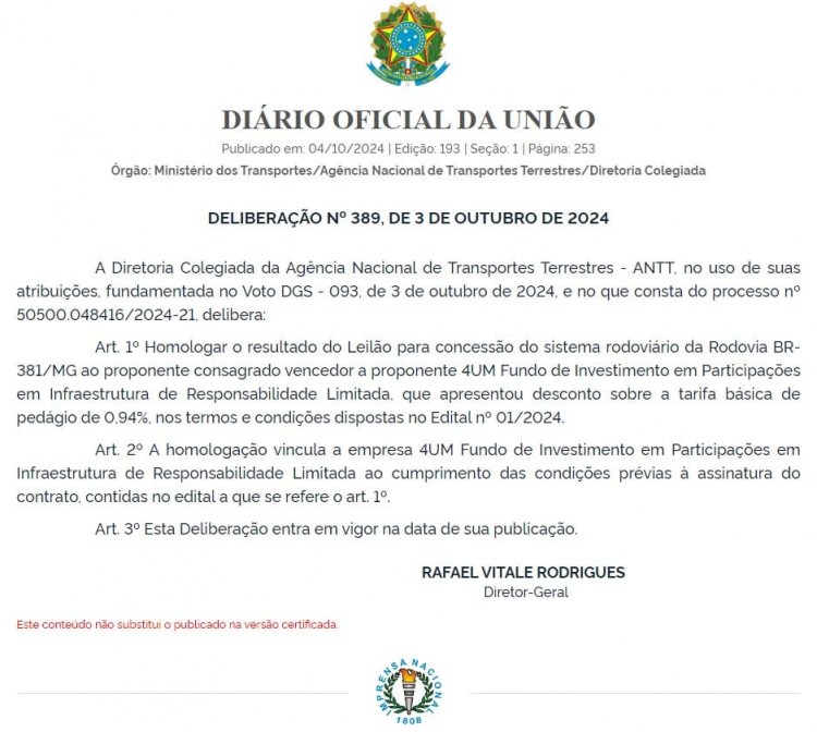 HOMOLOGADO O LEILÃO DA BR -381